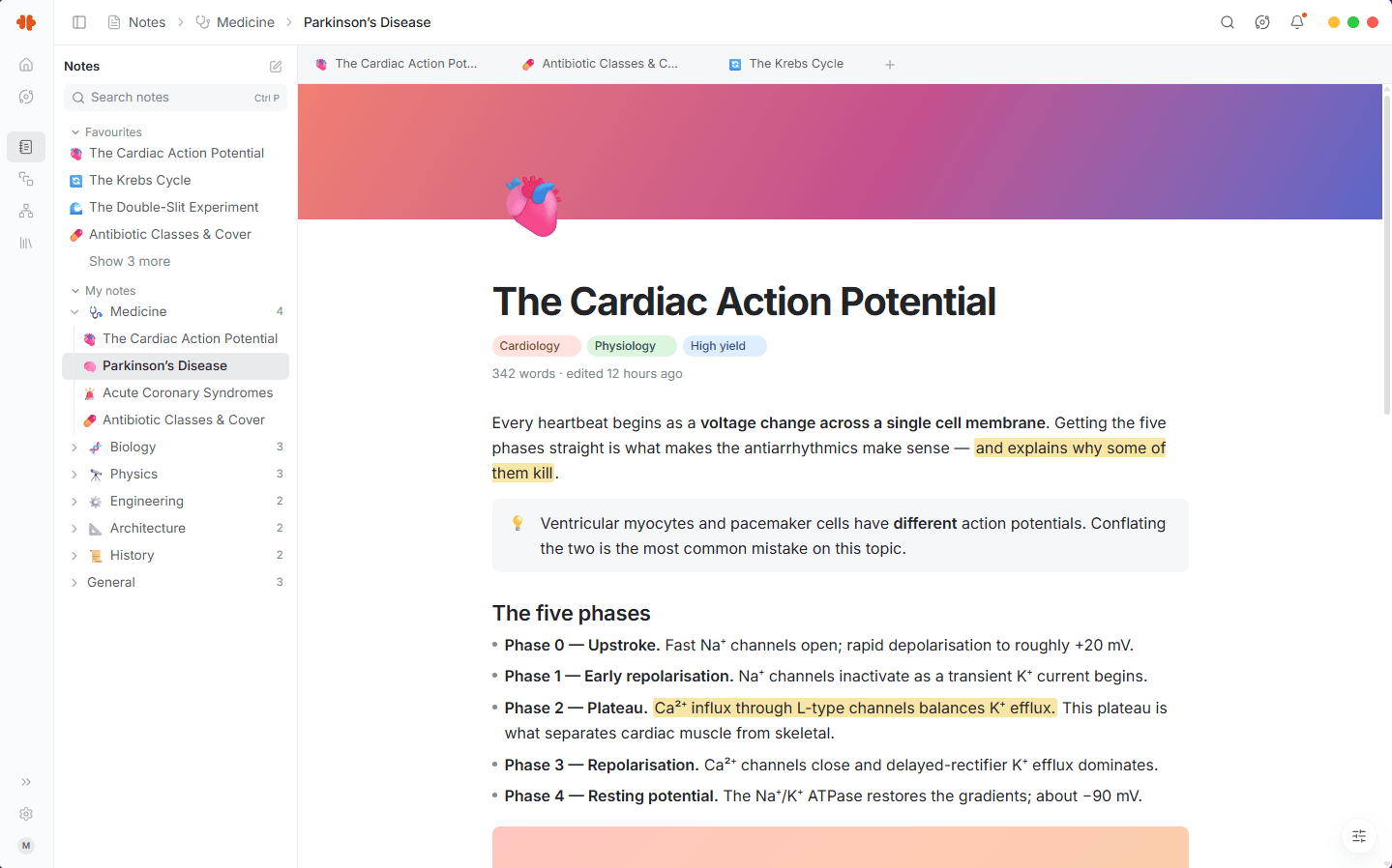 The sidebar notes tree with subjects like Medicine, Biology, and Physics